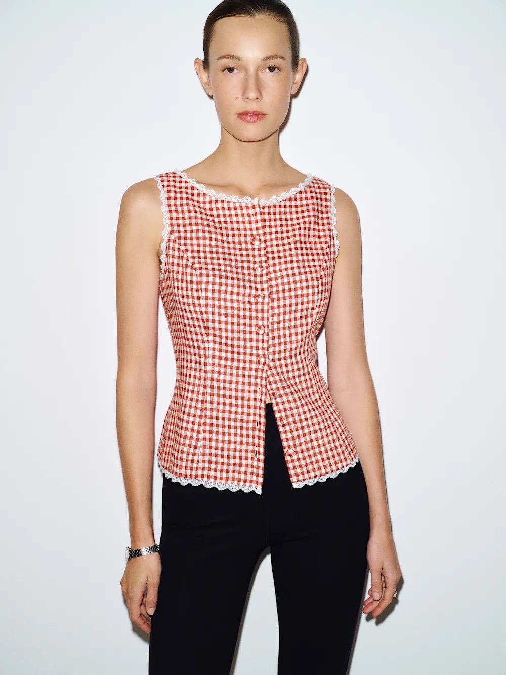 🍓 Reformation Amela Linen Top Tomato Check Gingham Size 2 Lace Trim Button Front